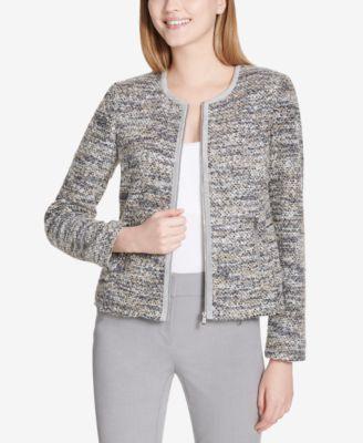 Calvin Klein Womens Boucle Faux Suede Trim Collarless Blazer - TopLine Fashion Lounge