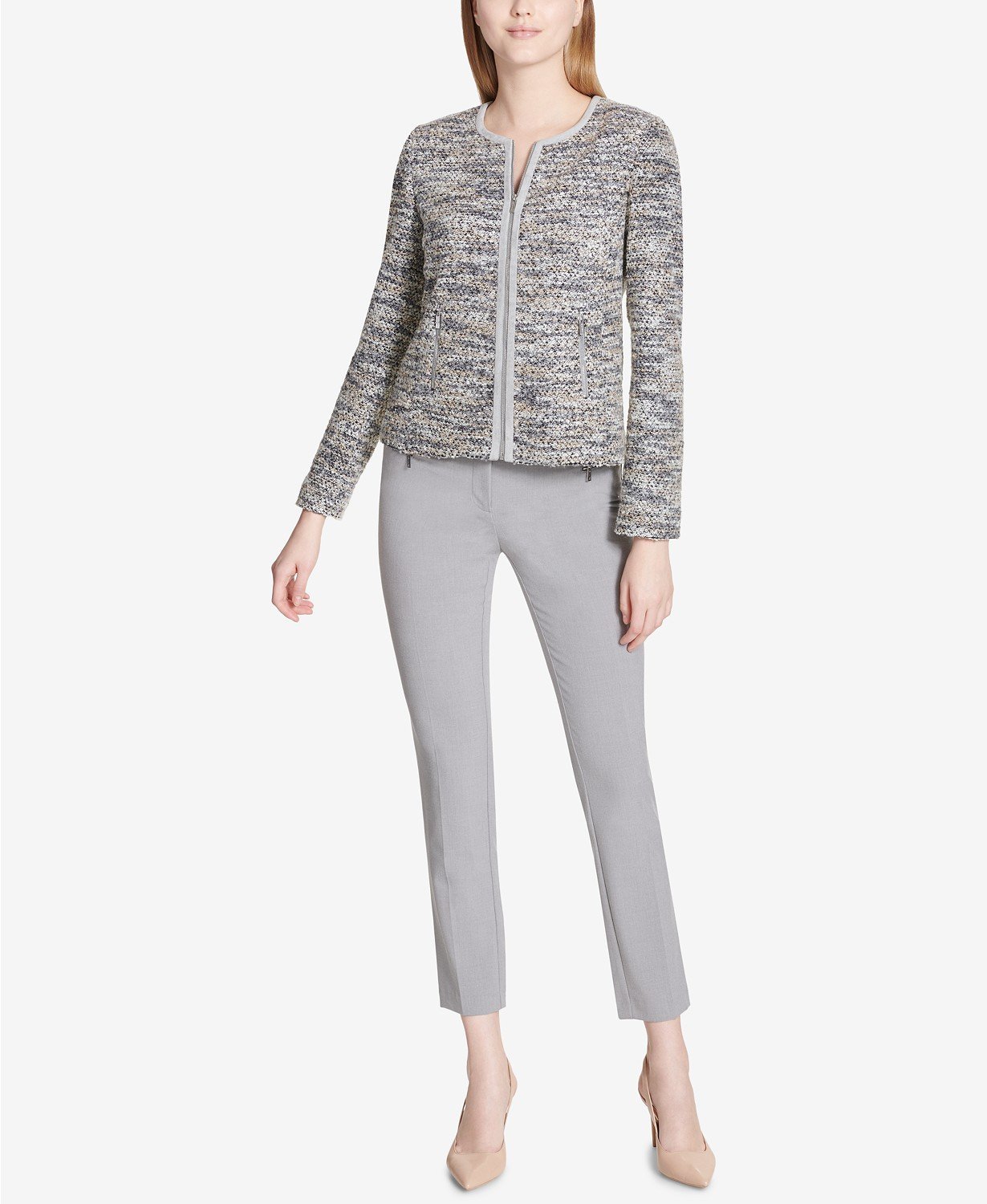 Calvin Klein Womens Boucle Faux Suede Trim Collarless Blazer - TopLine Fashion Lounge