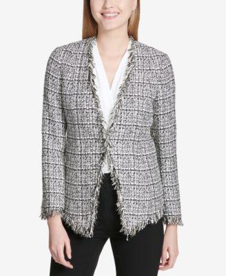 Calvin Klein Fringe-Trim Tweed Blazer GRPHC TWD FLYAWY JKT - TopLine Fashion Lounge