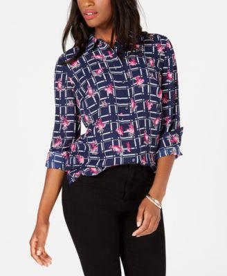 Charter Club Petite Printed Blouse Intrepid Blue Dot PS -