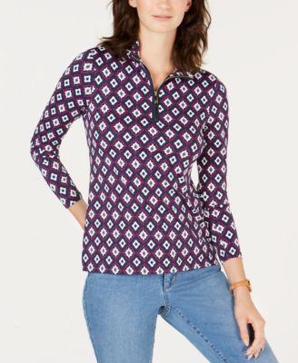 Charter Club Printed Top Navy Stripe Combo L -