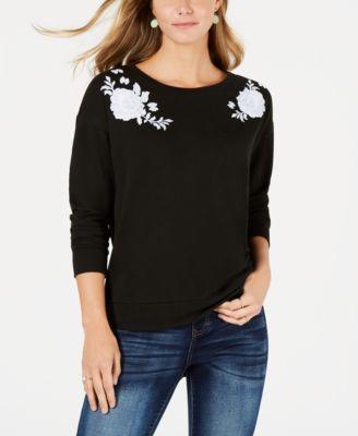 Style Co Petite Floral-Embroidered Swea Black Applique PS -