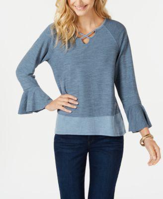 Style Co X-Front Bell-Sleeve Top Steel Blue L -