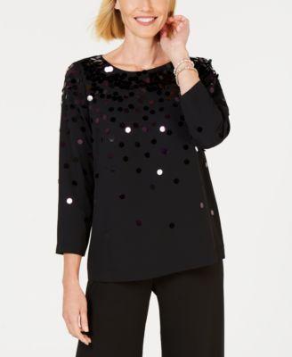ALFANI Womens Black Sequined 3/4 Sleeve Jewel Neck Top - TopLine Fashion Lounge
