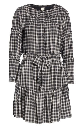 REBECCA TAYLOR  Womens Black Plaid Shirred Long Sleeve Jewel Neck Above the Knee Shirt Dress Size: M - TopLine Fashion Lounge