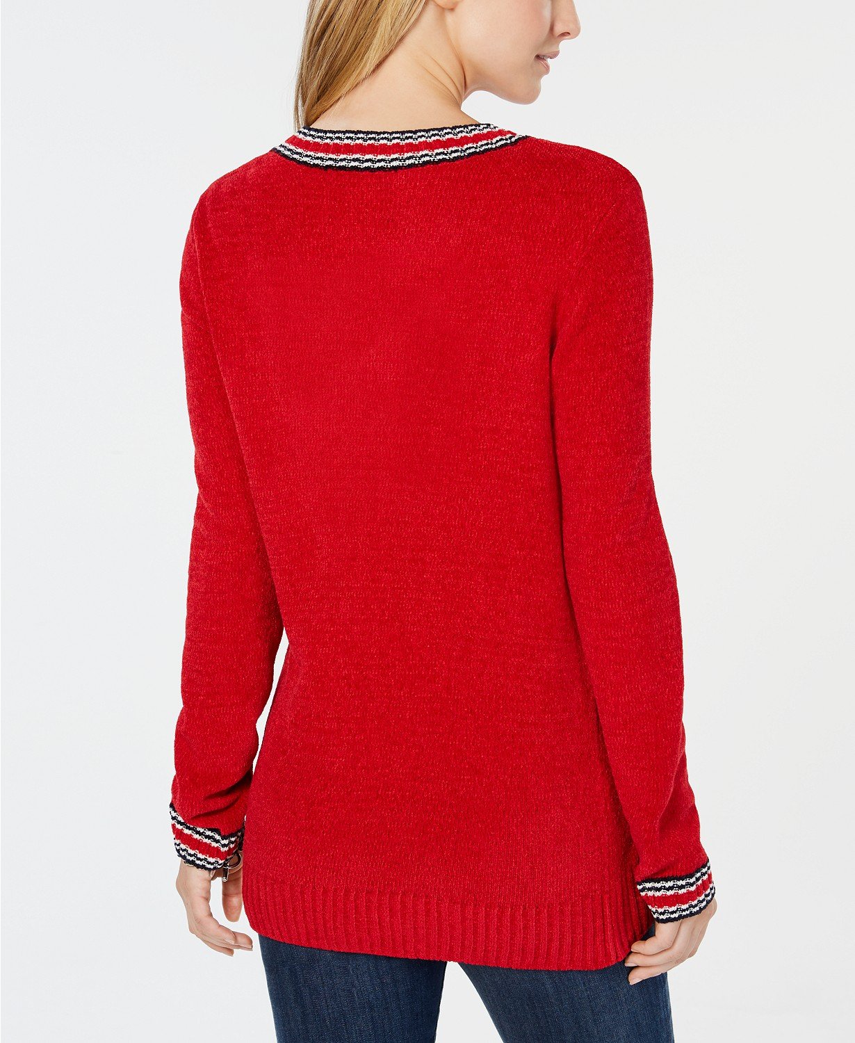 Tommy Hilfiger Womens Striped Ribbed Trim V-Neck Sweater - TopLine Fashion Lounge