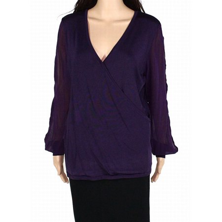 Women's Blouse Plum Purple Medium Illusion Surplice V-Neck