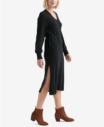 Lucky Brand V-Neck Sweater Dress Charcoal S