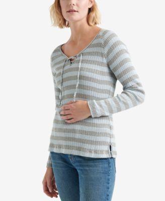 Lucky Brand Striped Ribbed Lace-Up V-Neck Grey S -