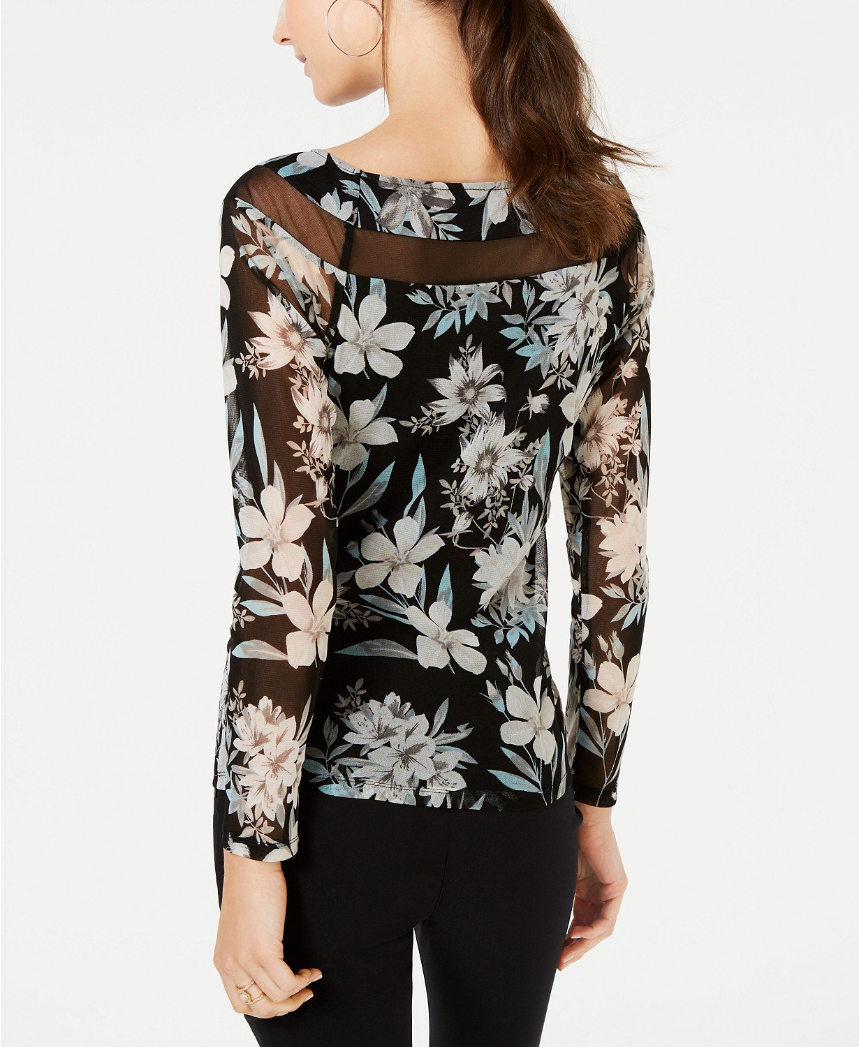 INC Womens Black Illusion Detail Floral Long Sleeve Boat Neck Top - TopLine Fashion Lounge