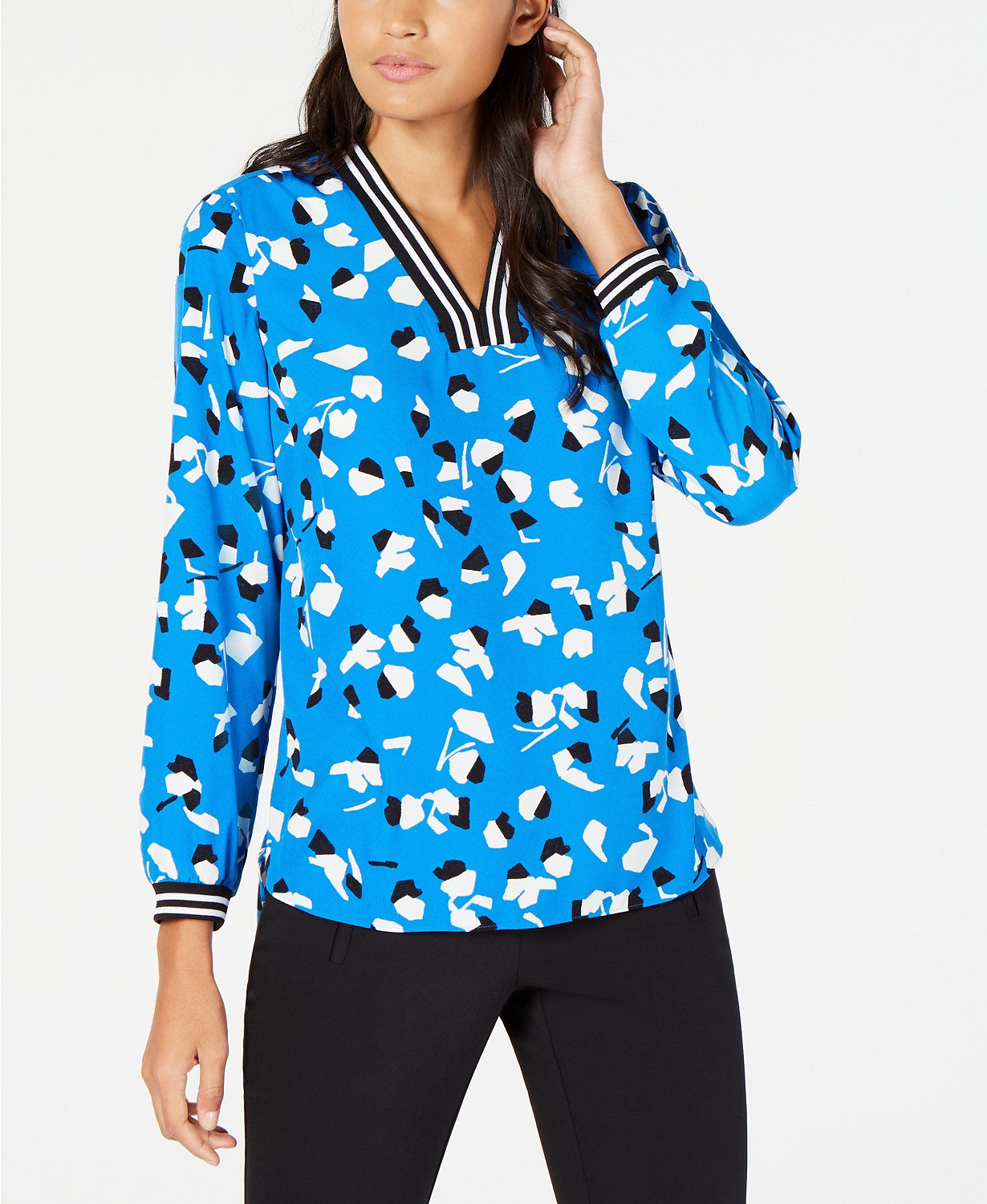 Alfani Printed Ribbed-Trim Blouse