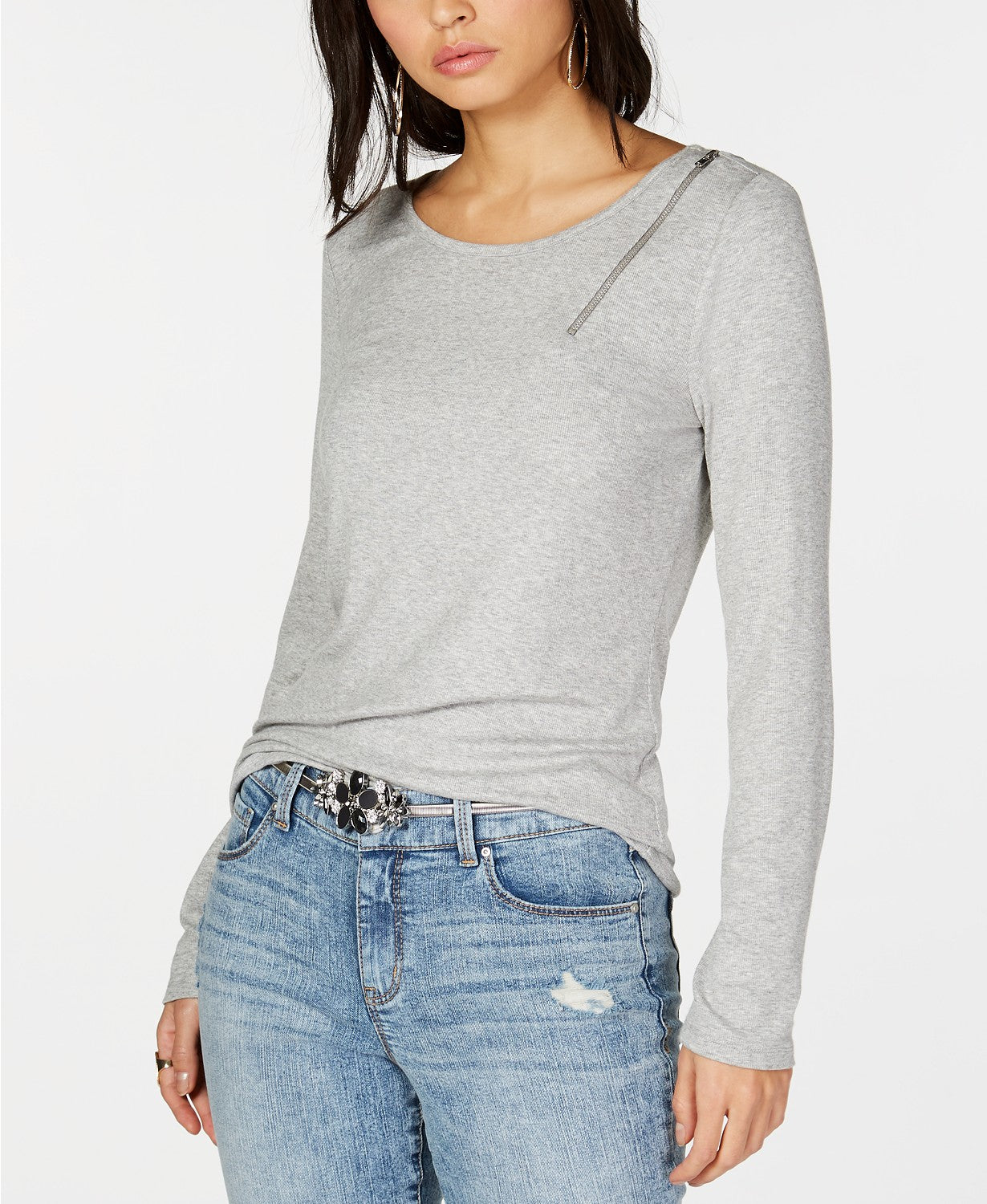 INC Zipper-Detail Long-Sleeve Top