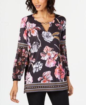 JM Collection Floral-Print Keyhole Tunic Linework Lay XXL -