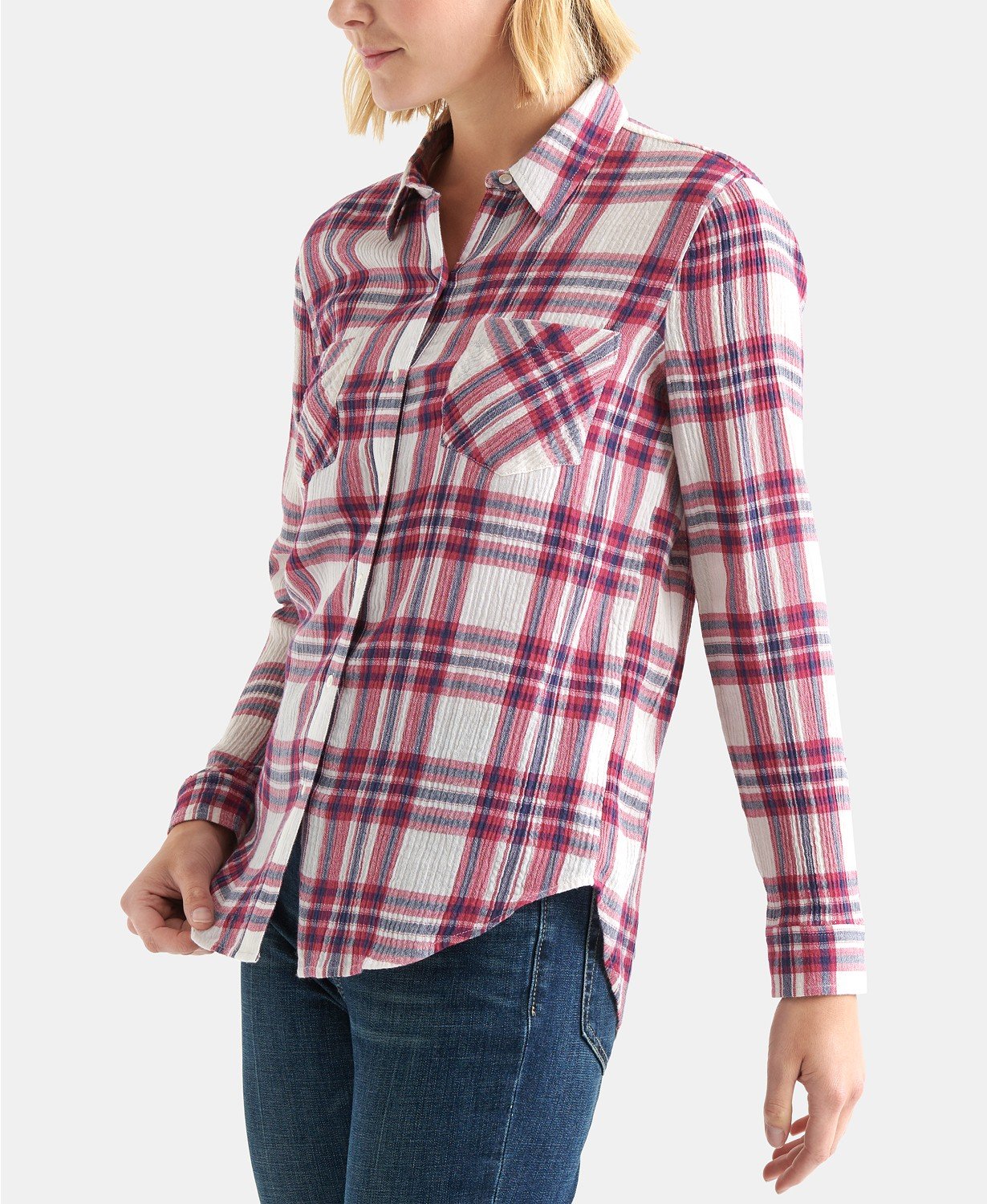 Lucky Brand Plaid Button-Down Top Red L -
