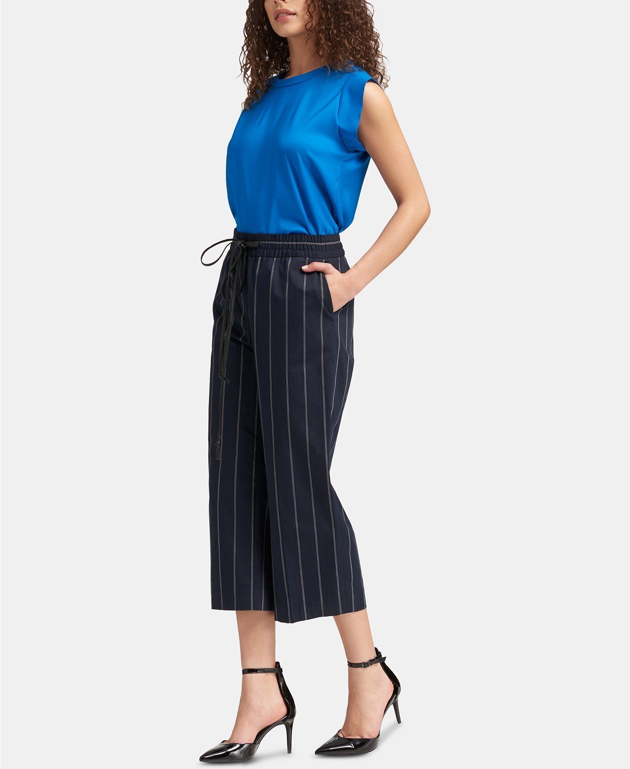 Dkny Striped Wide-Leg Cropped Pants with Faux-Leather Tie - Black S - TopLine Fashion Lounge