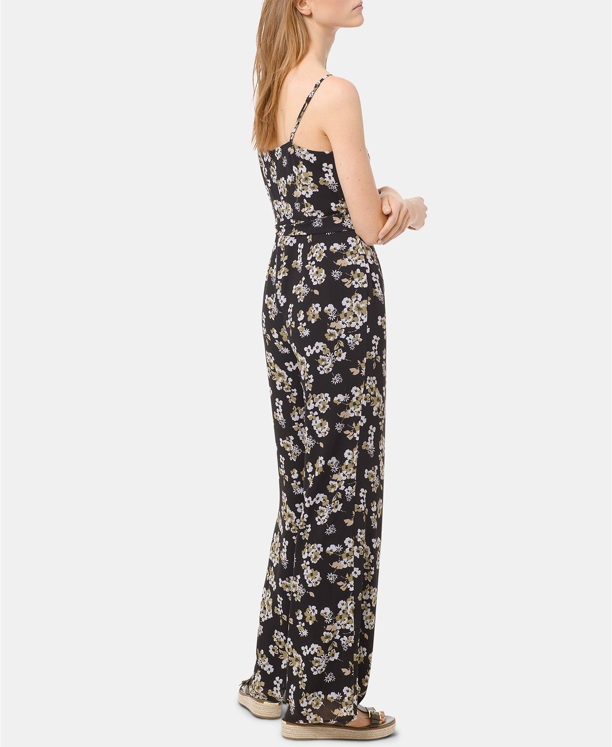 MICHAEL KORS Womens Black Floral Georgette Spaghetti Strap V Neck Wrap Wide Leg - TopLine Fashion Lounge