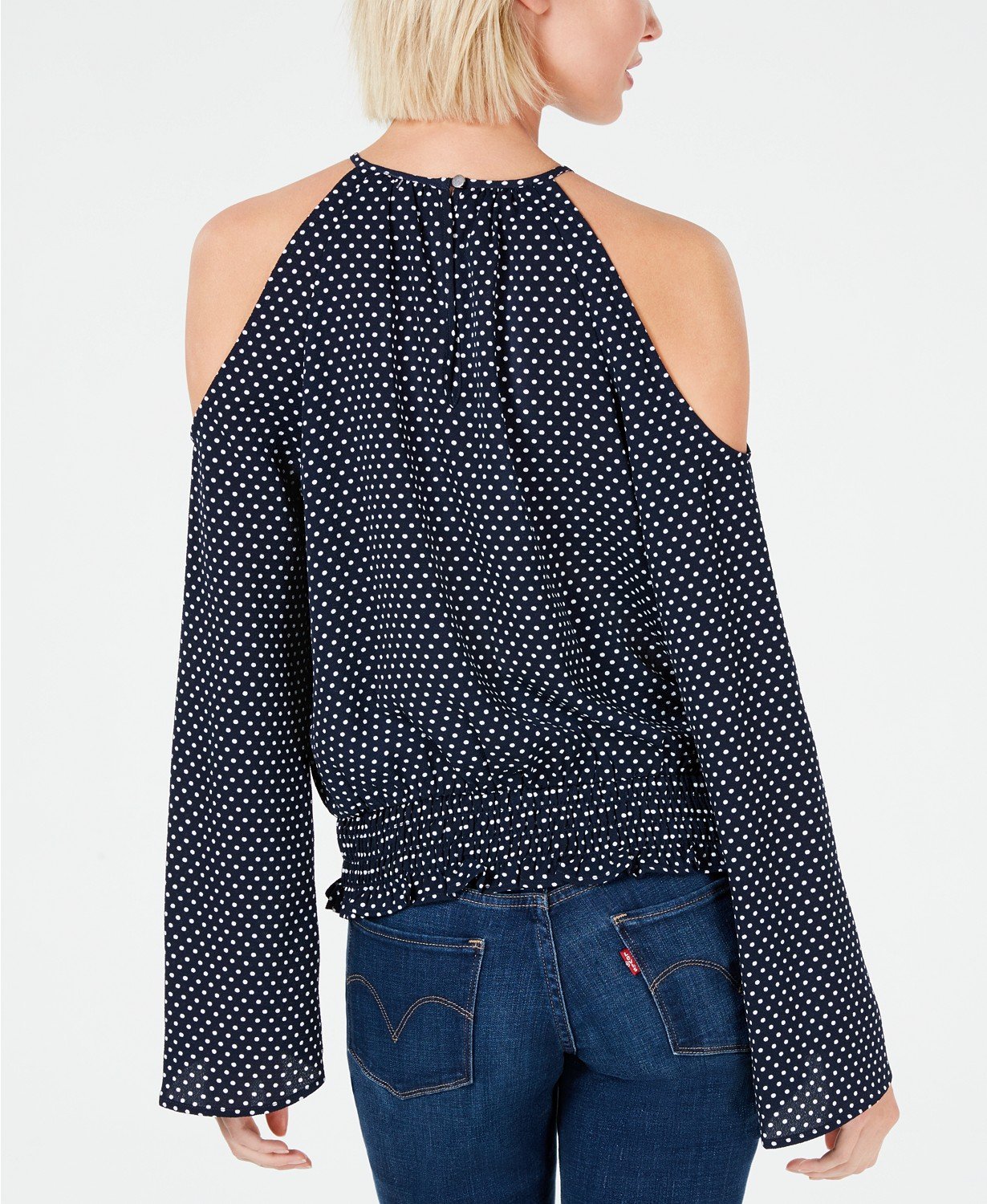 Bar III Printed Cold-Shoulder Top Navy Dot M -