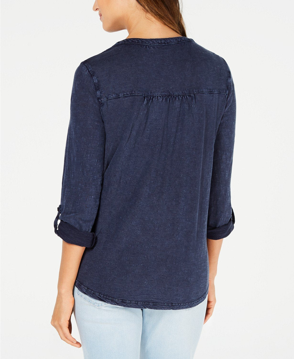 Style Co Cotton Crochet-Trim Roll-Tab T Iris Haze S