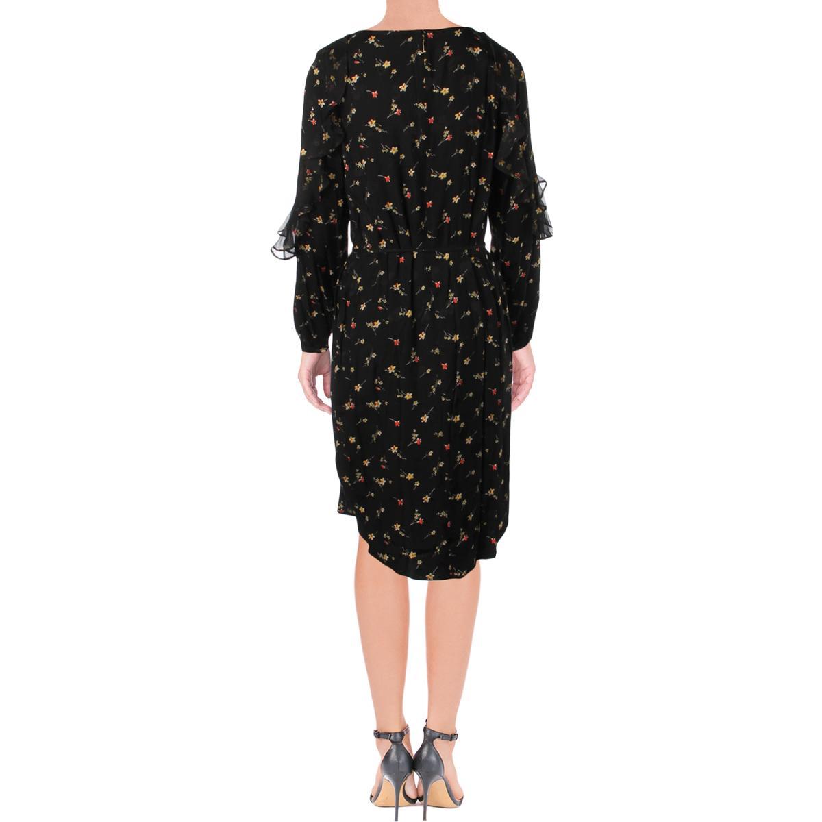 RALPH LAUREN Womens Black Ruffled Floral Long Sleeve Jewel Neck Dress
