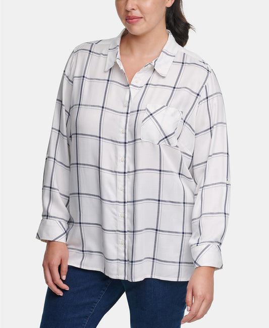 Tommy Hilfiger Plus Size Windowpane-Print Roll-Tab Shirt