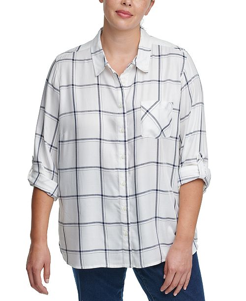 Tommy Hilfiger Plus Size Windowpane-Print Roll-Tab Shirt
