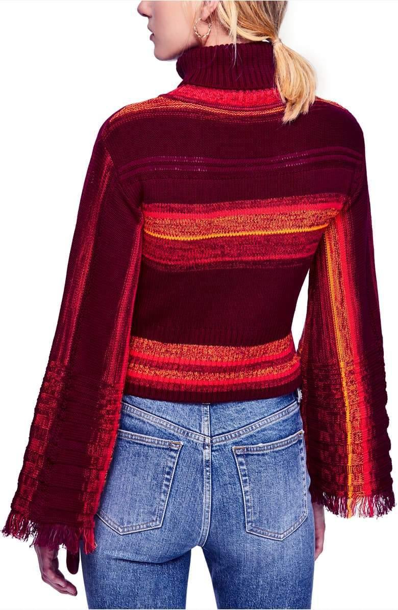 Free People Striped Flared-Sleeve Turtlene Red Berry XS -