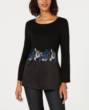 Alfani Petite Embroidered Bell-Sleeve Deep Black PL -