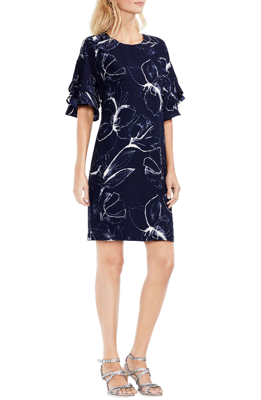 VINCE CAMUTO Fresco Petals Ruffle Sleeve Shift Dress In Night Sky