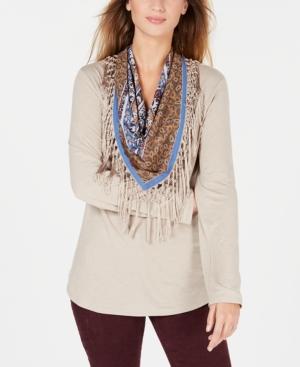 Style Co Petite Scarf-Neck Fringed Top Neutral Heather PL -