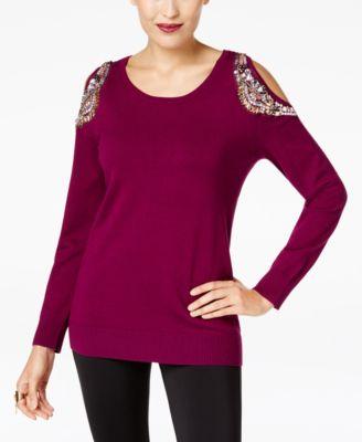 Thalia Sodi Embellished Cold-Shoulder Swea Majestic Plum XXL -