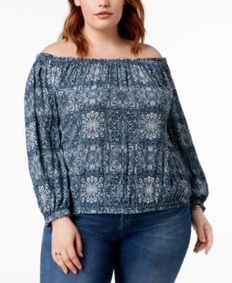 TOMMY HILFIGER Women's Blue Off the Shoulder Long Sleeve Top Plus Size