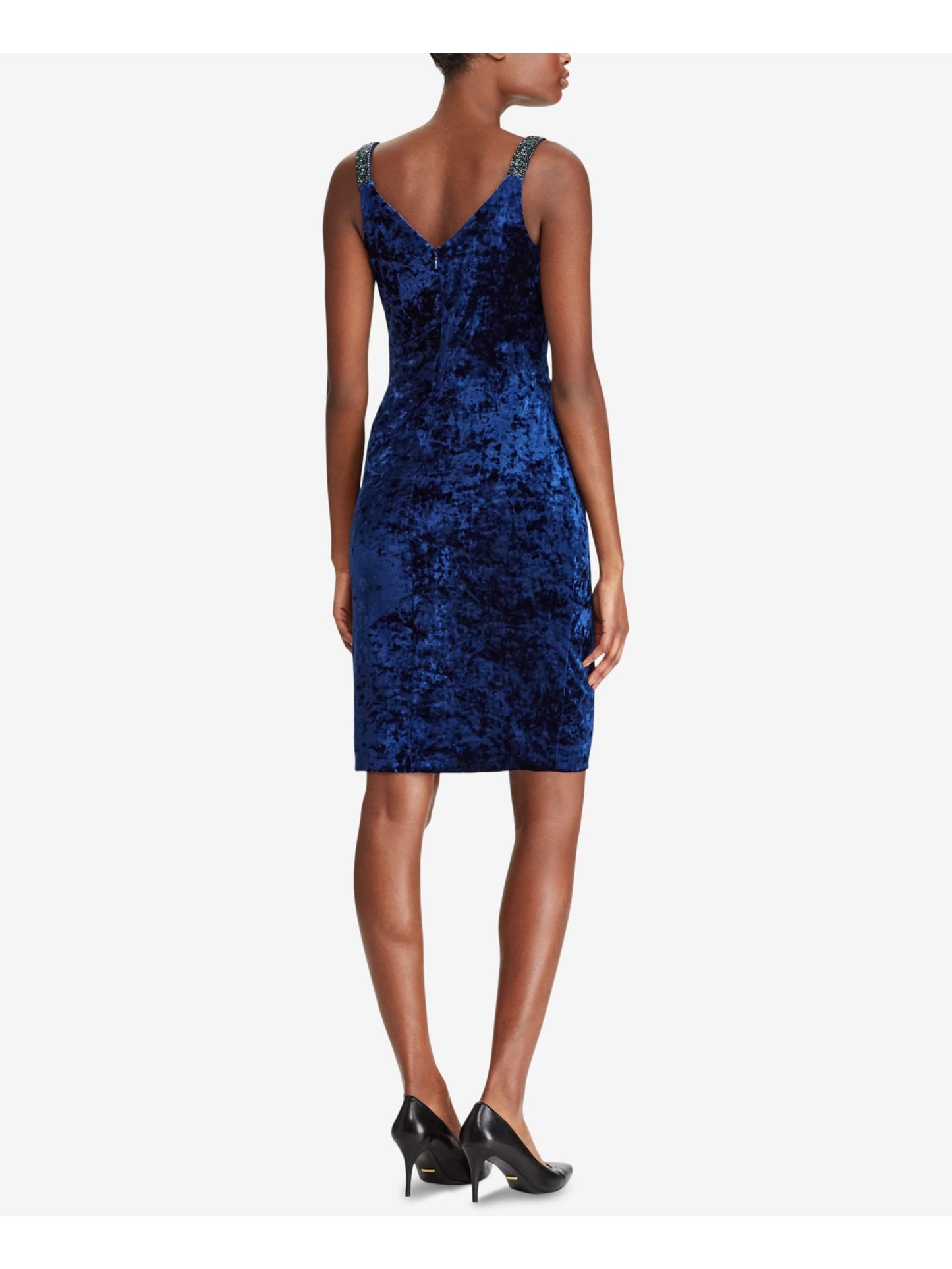 RALPH LAUREN Womens Blue Sequin Trim Velvet Sleeveless V Neck Above The Knee Sheath Party Dress