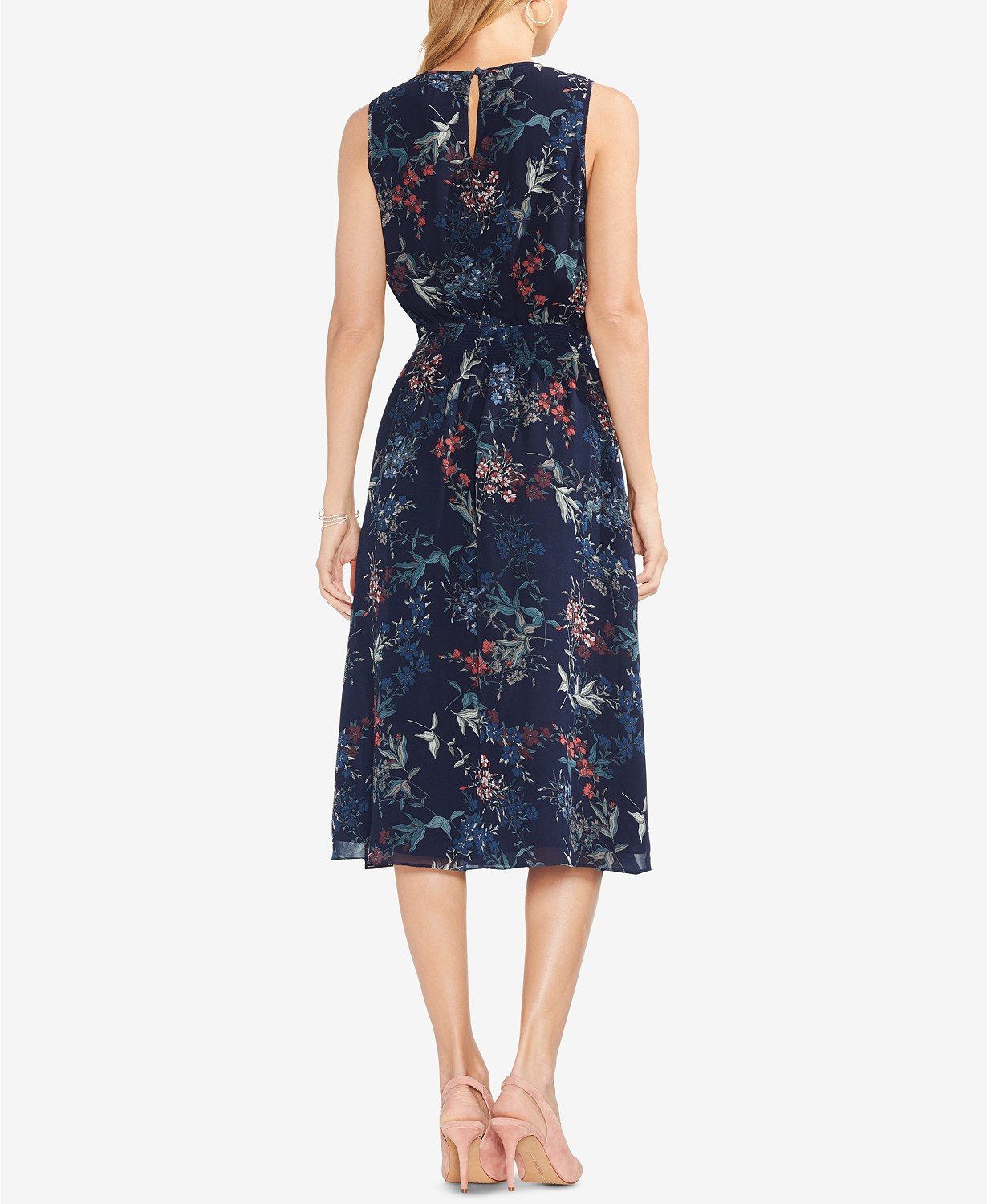 Vince Camuto Womens Smocked Waist Floral MIDI Dress