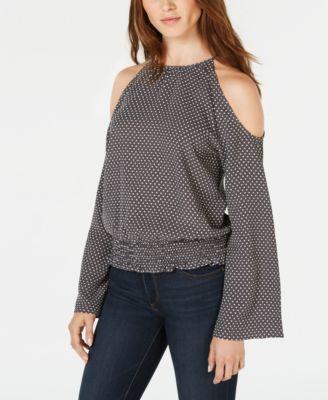 Bar III Printed Cold-Shoulder Top Navy Dot M -