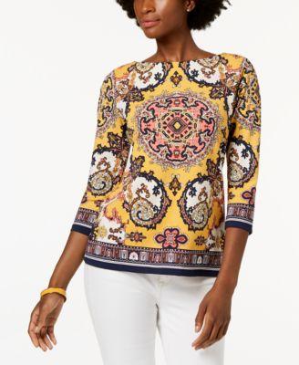 Charter Club Printed Boat-Neck Top Honey Glaze Combo PXS -