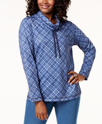 Karen Scott Plaid Funnel-Neck Top Intrepid Blue S -