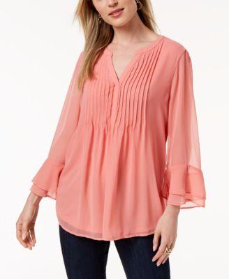 Charter Club Petite Pleated Bell-Sleeve Top Pink Guava PL -