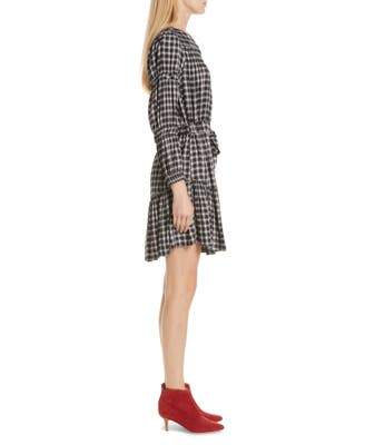 REBECCA TAYLOR  Womens Black Plaid Shirred Long Sleeve Jewel Neck Above the Knee Shirt Dress Size: M - TopLine Fashion Lounge