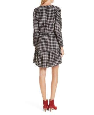 REBECCA TAYLOR  Womens Black Plaid Shirred Long Sleeve Jewel Neck Above the Knee Shirt Dress Size: M - TopLine Fashion Lounge