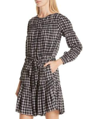 REBECCA TAYLOR  Womens Black Plaid Shirred Long Sleeve Jewel Neck Above the Knee Shirt Dress Size: M - TopLine Fashion Lounge