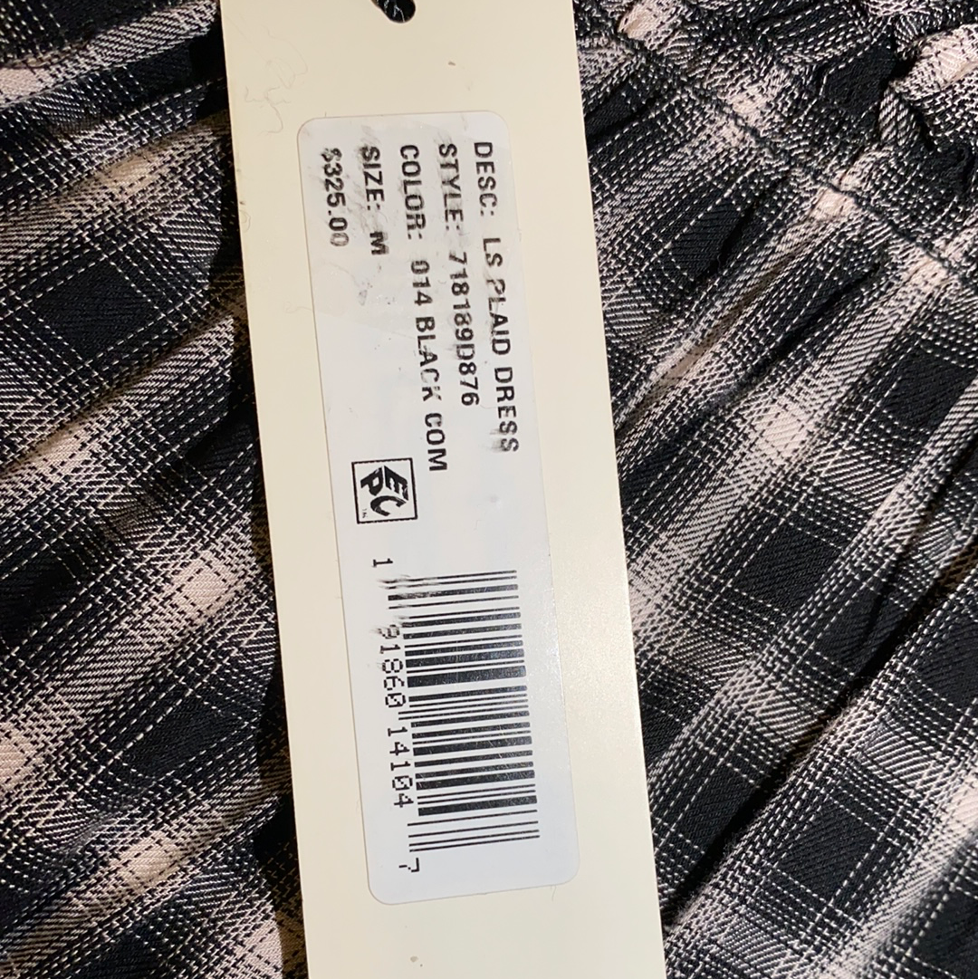 REBECCA TAYLOR  Womens Black Plaid Shirred Long Sleeve Jewel Neck Above the Knee Shirt Dress Size: M