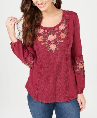Style Co Embroidered-Panel Peasant Top Berry Bib M - 