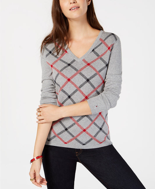 Tommy Hilfiger Womens Cotton Diagonal Plaid V-neck Sweater Large Grey - TopLine Fashion Lounge