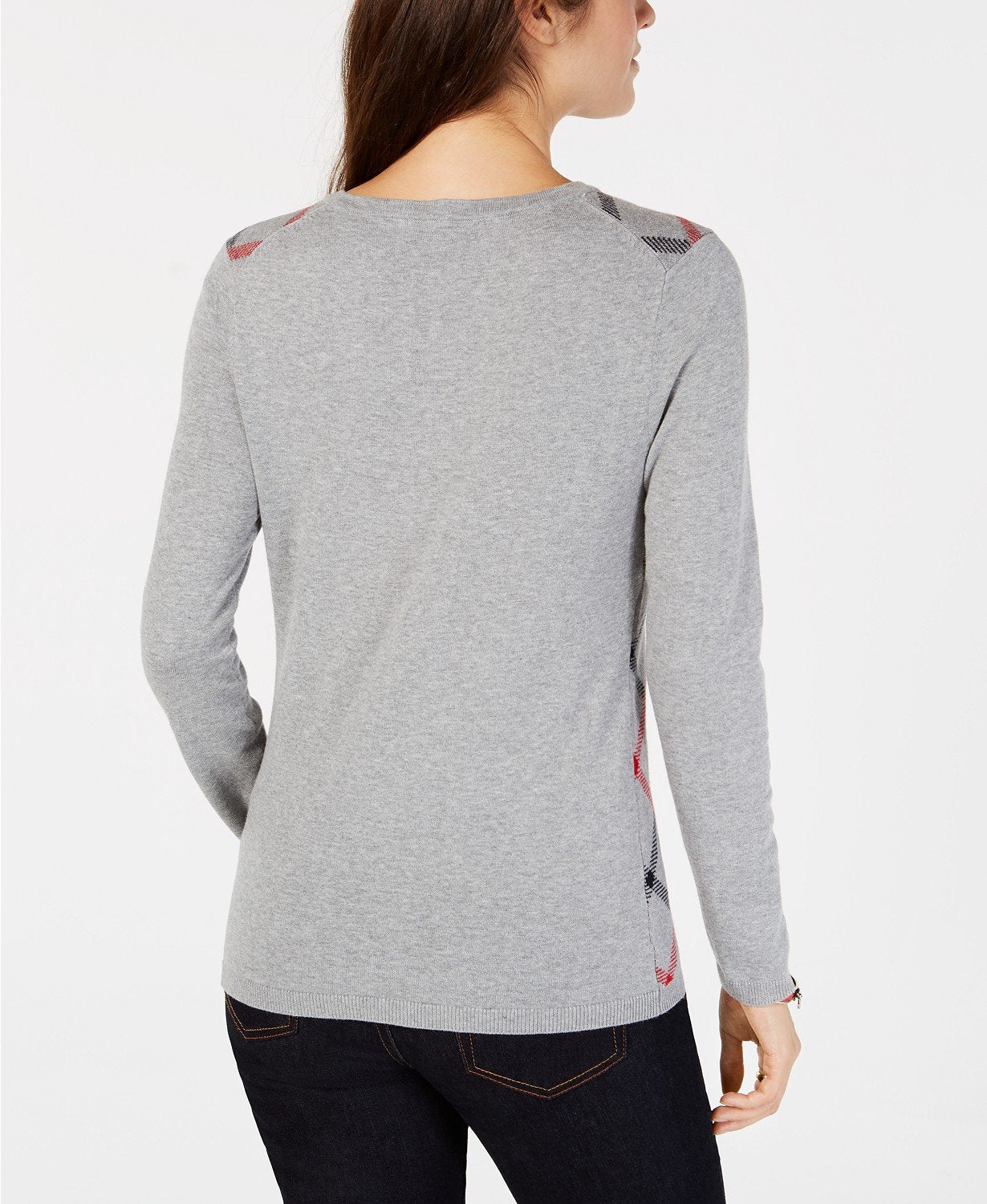 Tommy Hilfiger Womens Cotton Diagonal Plaid V-neck Sweater Large Grey - TopLine Fashion Lounge