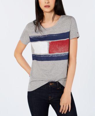 Tommy Hilfiger Womens Gray Short Sleeves Logo Heathered T-shirt Top - TopLine Fashion Lounge