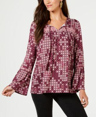 Style Co Petite Printed Peasant Top Tiled Embrace PL - 