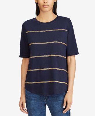 RALPH LAUREN Women's Navy Striped Short Sleeve Crew Neck T-Shirt Top