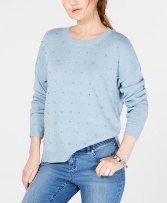 INC Womens Light Blue Embellished Long Sleeve Crew Neck Sweater - TopLine Fashion Lounge