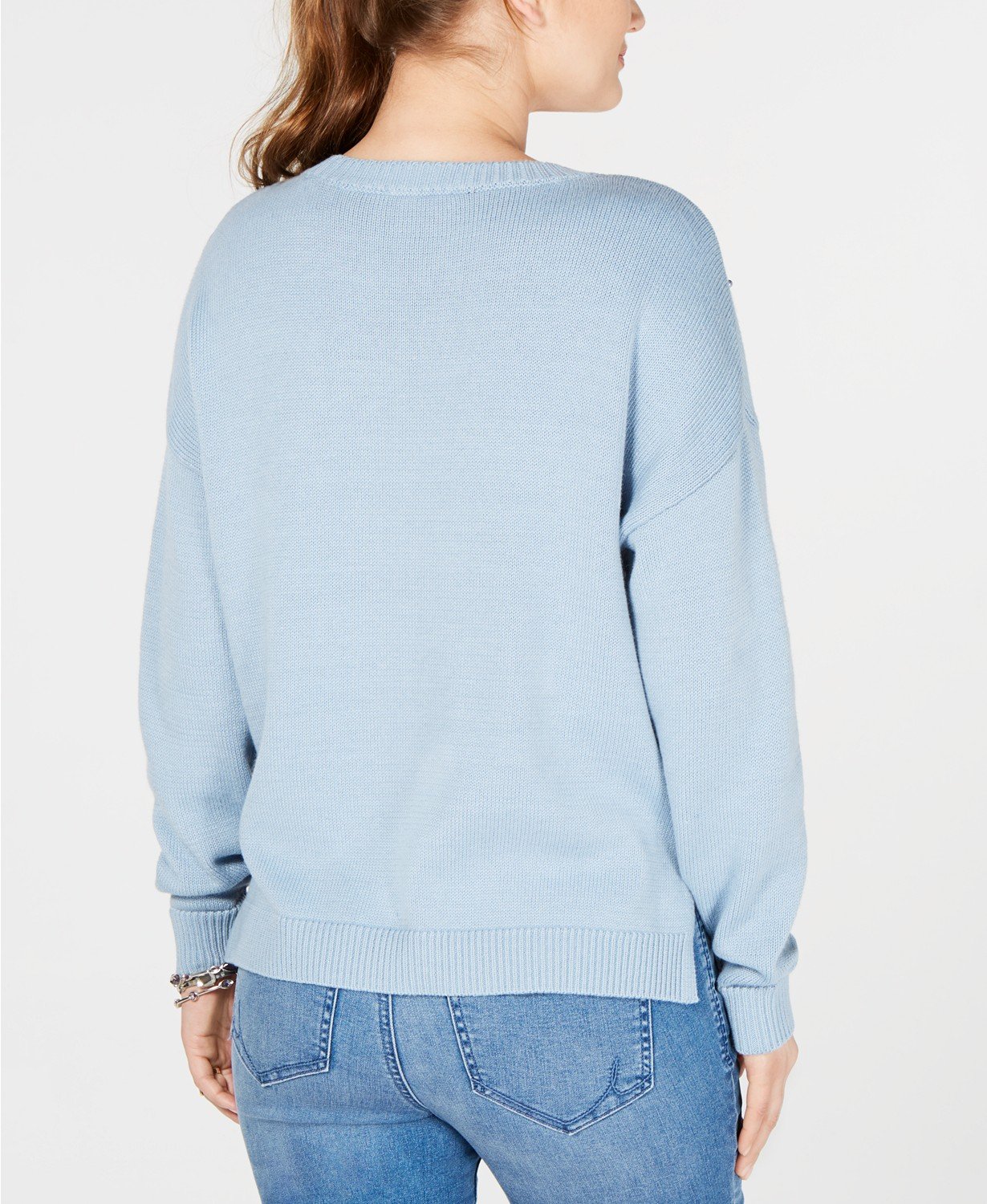 INC Womens Light Blue Embellished Long Sleeve Crew Neck Sweater - TopLine Fashion Lounge