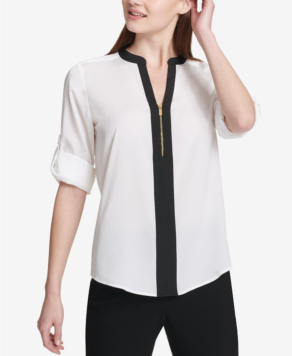 Calvin Klein Two-Tone Zip Blouse - TopLine Fashion Lounge